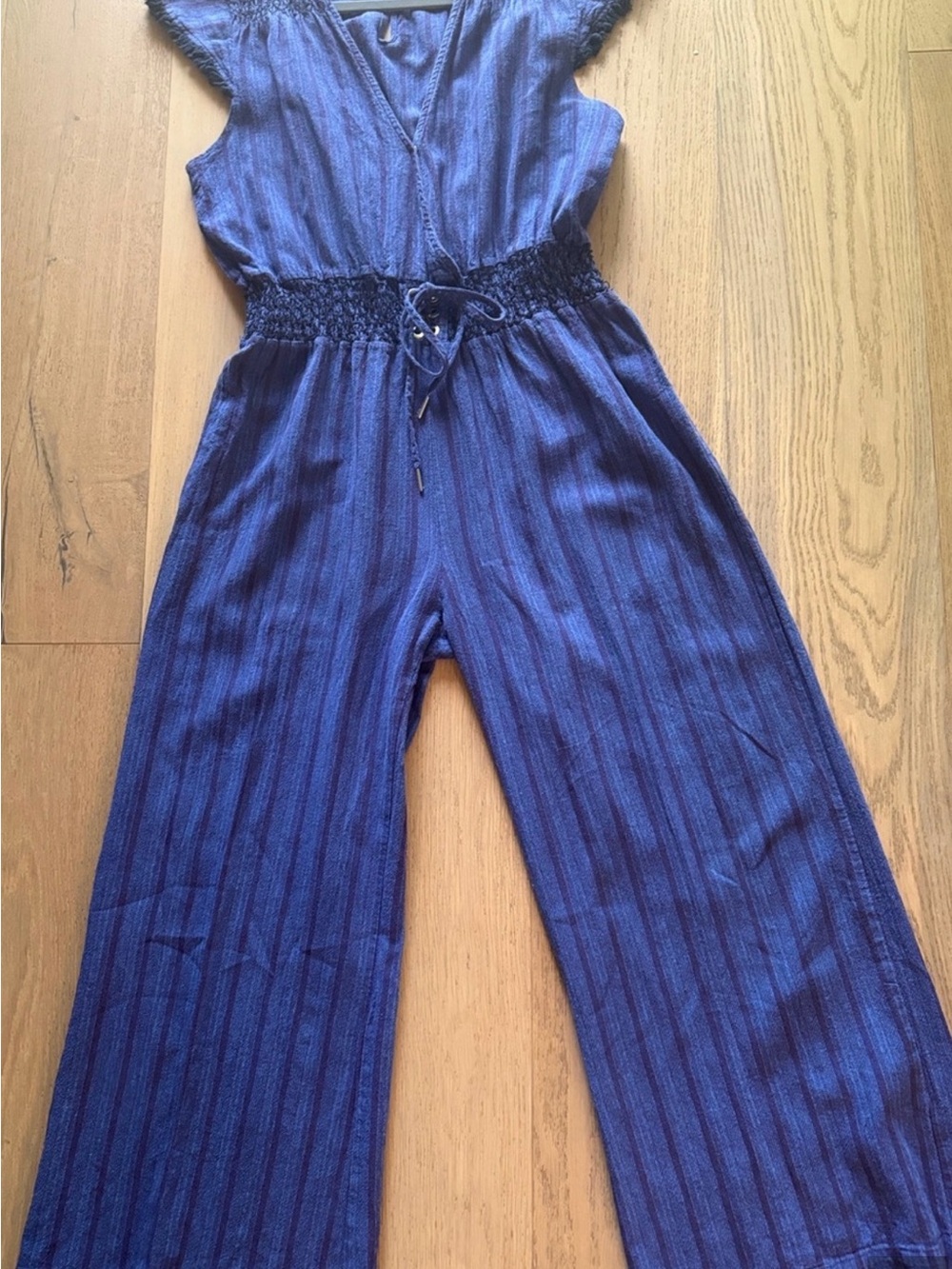 Blue Wide-Leg Linen Blend Jumpsuit with Smocked Waist